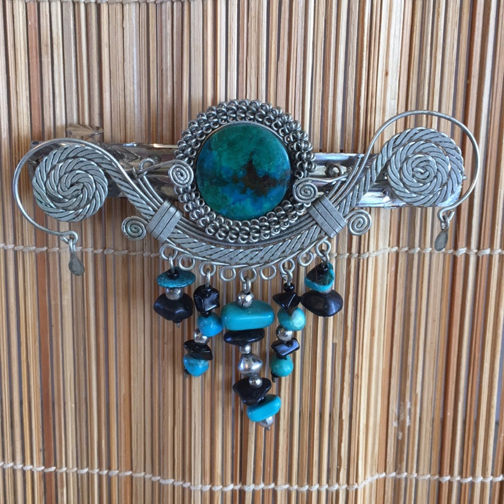 Silver handmade Barrette Turquoise color stones